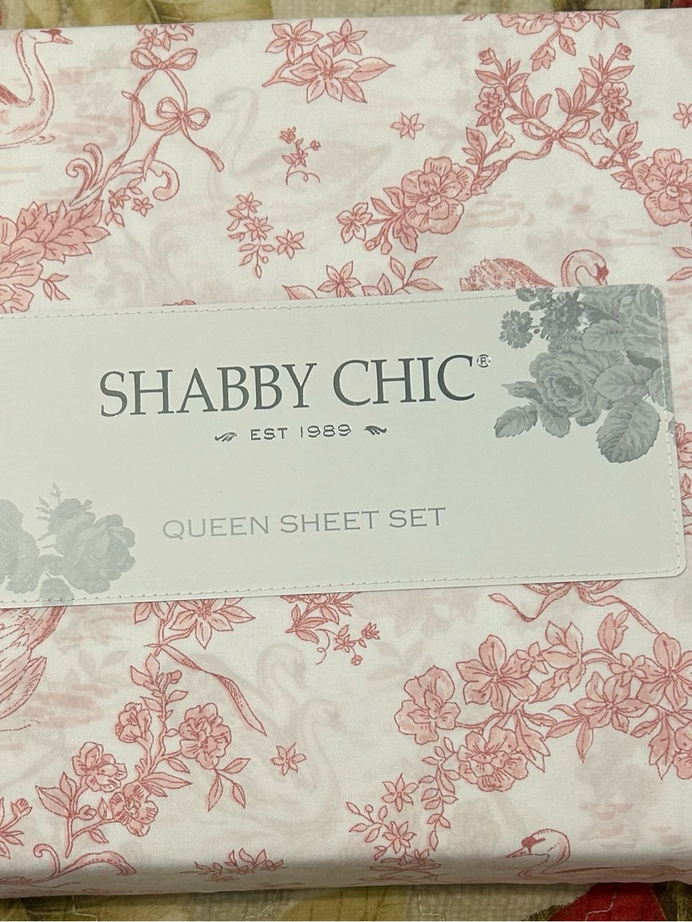 Shabby Chic Queen Sheet Set Pink White Swan Toile Floral 4 Piece Microfiber NEW